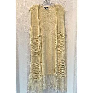 B Design Cream Knit Fringe Vest XL Lagenlook Boho Open Front Layered Top
